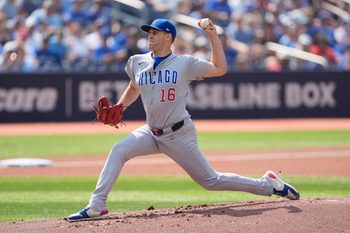 Aug 14, 2025; Toronto, Ontario, CAN; Chicago Cubs starting pitcher Matthew Boyd (16) pitches to the Toronto Blue Jays during the first inning at Rogers Centre. Mandatory Credit: John E. Sokolowski-Imagn Images