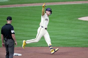 Milwaukee Brewers third baseman Joey Ortiz (3) rounds second base after his solo home run during the fifth inning of the game against the Texas Rangers at American Family Field on June 25, 2024, in Milwaukee.