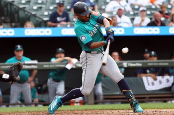 Aug 14, 2025; Baltimore, Maryland, USA; Seattle Mariners outfielder Julio Rodriguez (44) at bat during the eighth inning against the Baltimore Orioles at Oriole Park at Camden Yards. Mandatory Credit: Daniel Kucin Jr.-Imagn Images