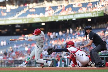 Aug 14, 2025; Washington, District of Columbia, USA; Philadelphia Phillies first baseman Bryce Harper (3) singles against the Washington Nationals during the first inning at Nationals Park. Mandatory Credit: Geoff Burke-Imagn Images