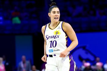 Aug 15, 2025; Arlington, Texas, USA;  Los Angeles Sparks guard Kelsey Plum (10) reacts after scoring against the Dallas Wings during the first half at College Park Center. Mandatory Credit: Kevin Jairaj-Imagn Images