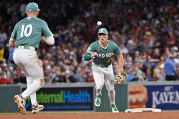 Aug 15, 2025; Boston, Massachusetts, USA; Boston Red Sox second baseman Romy Gonzalez (23) tosses the ball to shortstop Trevor Story (10) for a double play against the Miami Marlins during the seventh inning at Fenway Park. Mandatory Credit: Eric Canha-Imagn Images