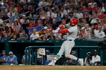 Aug 15, 2025; Washington, District of Columbia, USA; Philadelphia Phillies first baseman Bryce Harper (3) hits a solo home run against the Washington Nationals during the seventh inning at Nationals Park. Mandatory Credit: Geoff Burke-Imagn Images