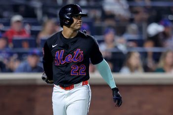 Aug 15, 2025; New York City, New York, USA; New York Mets right fielder Juan Soto (22) reacts after striking out during the ninth inning against the Seattle Mariners at Citi Field. Mandatory Credit: Brad Penner-Imagn Images