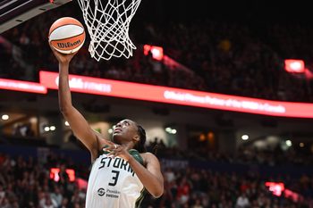 Aug 15, 2025; Vancouver, British Columbia, CAN;  Seattle Storm forward Nneka Ogwumike (3) drives to the basket during the second half against the Atlanta Dream at Rogers Arena. Mandatory Credit: Anne-Marie Sorvin-Imagn Images