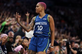 Aug 16, 2025; Minneapolis, Minnesota, USA; Minnesota Lynx guard Courtney Williams (10) celebrates her 3-point basket against the New York Liberty during the third quarter at Target Center. Mandatory Credit: Matt Krohn-Imagn Images