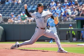 Aug 17, 2025; Kansas City, Missouri, USA; Chicago White Sox starting pitcher Davis Martin (65) delivers a pitch against the Kansas City Royals during the first inning at Kauffman Stadium. Mandatory Credit: Denny Medley-Imagn Images