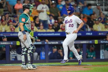 Aug 17, 2025; Williamsport, Pennsylvania, USA; New York Mets infielder Pete Alonso (20) advances home to score against the Seattle Mariners in the second inning at Journey Bank Ballpark at Historic Bowman Field. Mandatory Credit: Kyle Ross-Imagn Images