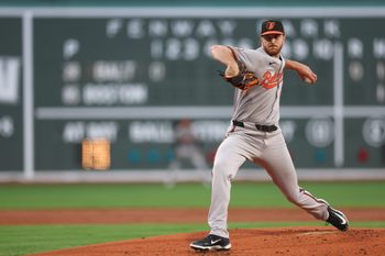 Aug 18, 2025; Boston, Massachusetts, USA; Baltimore Orioles starting pitcher Trevor Rogers (28) delivers a pitch during the first inning against the Boston Red Sox at Fenway Park. Mandatory Credit: Paul Rutherford-Imagn Images
