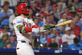 Aug 18, 2025; Philadelphia, Pennsylvania, USA;  Philadelphia Phillies first base Bryce Harper (3) watches his three-run home run during the seventh inning against the Seattle Mariners at Citizens Bank Park. Mandatory Credit: Eric Hartline-Imagn Images