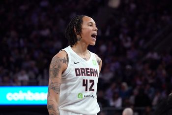 Aug 17, 2025; San Francisco, California, USA;  Atlanta Dream center Brittney Griner (42) shows emotion after scoring against the Golden State Valkyries in the third quarter at Chase Center. Mandatory Credit: David Gonzales-Imagn Images