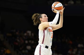 Aug 19, 2025; Washington, District of Columbia, USA; Connecticut Sun guard Marina Mabrey (3) takes a shot during the second half against the Washington Mystics at CareFirst Arena. Mandatory Credit: Daniel Kucin Jr.-Imagn Images