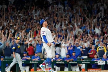 Aug 20, 2025; Chicago, Illinois, USA; Chicago Cubs pitcher Daniel Palencia (48) reacts after getting the final out against the Milwaukee Brewers during the ninth inning at Wrigley Field. Mandatory Credit: David Banks-Imagn Images