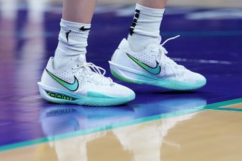 Aug 20, 2025; Los Angeles, California, USA; A detailed view of the Nike G.T. 3 Cut 3 shoes worn by Dallas Wings guard Paige Bueckers (5) against the LA Sparks in the first half at Crypto.com Arena. Mandatory Credit: Kirby Lee-Imagn Images