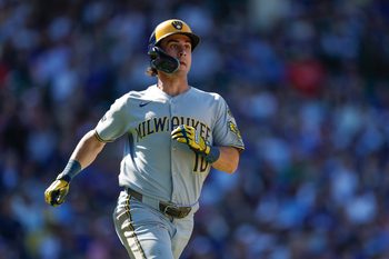 Aug 21, 2025; Chicago, Illinois, USA; Milwaukee Brewers right fielder Sal Frelick (10) runs after hitting a double against the Chicago Cubs during the eight inning at Wrigley Field. Mandatory Credit: Kamil Krzaczynski-Imagn Images