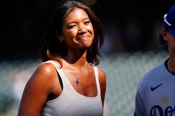 Aug 21, 2025; Denver, Colorado, USA; Los Angeles Dodgers sideline reporter Kirsten Watson following the win over the against the Colorado Rockies at Coors Field. Mandatory Credit: Ron Chenoy-Imagn Images