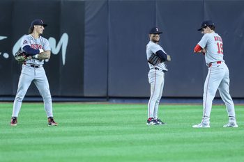 Aug 21, 2025; Bronx, New York, USA;  Boston Red Sox left fielder Jarren Duran (16), center fielder Ceddanne Rafaela (3) and right fielder Roman Anthony (19) pose after defeating the New York Yankees 6-3 at Yankee Stadium. Mandatory Credit: Wendell Cruz-Imagn Images