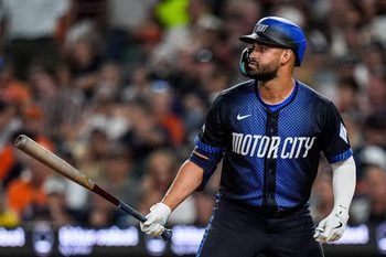 Detroit Tigers left fielder Riley Greene (31) bats against the Kansas City Royals during the sixth inning at Comerica Park in Detroit on Friday, August 22, 2025.