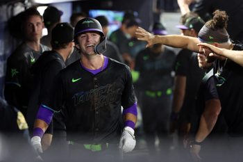 Aug 22, 2025; St. Petersburg, Florida, USA; Tampa Bay Rays shortstop Carson Williams (77) celebrates after he hit a two-run home run during the seventh inning against the St. Louis Cardinals at George M. Steinbrenner Field. Mandatory Credit: Kim Klement Neitzel-Imagn Images