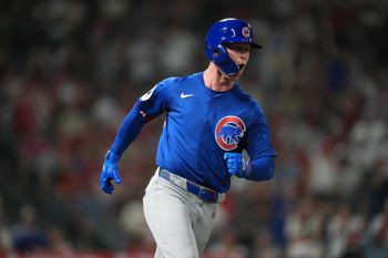 Aug 22, 2025; Anaheim, California, USA; Chicago Cubs center fielder Pete Crow-Armstrong (4) runs the bases after hitting a home run in the ninth inning against the Los Angeles Angels at Angel Stadium. Mandatory Credit: Kirby Lee-Imagn Images