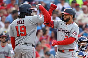 Aug 24, 2025; Philadelphia, Pennsylvania, USA; Washington Nationals second base Luis García Jr. (2) celebrates his home run with first base Josh Bell (19) during the ninth inning against the Philadelphia Phillies at Citizens Bank Park. Mandatory Credit: Eric Hartline-Imagn Images