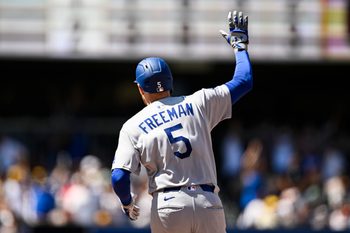Aug 24, 2025; San Diego, California, USA; Los Angeles Dodgers first baseman Freddie Freeman (5) rounds the bases after hitting a solo home run during the sixth inning against the San Diego Padres at Petco Park. Mandatory Credit: Denis Poroy-Imagn Images
