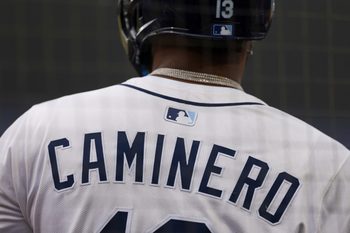 Aug 24, 2025; Tampa, Florida, USA; Tampa Bay Rays third baseman Junior Caminero (13) looks on against the St. Louis Cardinals in the third inning at George M. Steinbrenner Field. Mandatory Credit: Nathan Ray Seebeck-Imagn Images