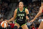 Aug 24, 2025; Minneapolis, Minnesota, USA; Minnesota Lynx forward Napheesa Collier (24) dribbles the ball against the Indiana Fever in the first half at Target Center. Mandatory Credit: Jesse Johnson-Imagn Images