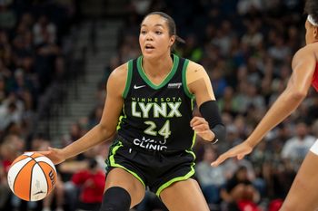 Aug 24, 2025; Minneapolis, Minnesota, USA; Minnesota Lynx forward Napheesa Collier (24) dribbles the ball against the Indiana Fever in the first half at Target Center. Mandatory Credit: Jesse Johnson-Imagn Images