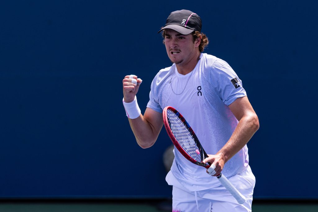 Aug 25, 2025; Flushing, NY, USA; Joao Fonseca of Brazil celebrates his victory over Miomir Kecmanovic of Serbia in the first round of the men’s singles at the US Open at Billie Jean King National Tennis Centre. Mandatory Credit: Mike Frey-Imagn Images