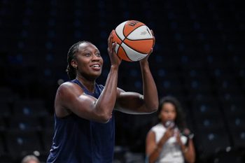 Aug 25, 2025; Brooklyn, New York, USA; Connecticut Sun center Tina Charles (31) warms up before a game against the New York Liberty at Barclays Center. Mandatory Credit: John Jones-Imagn Images