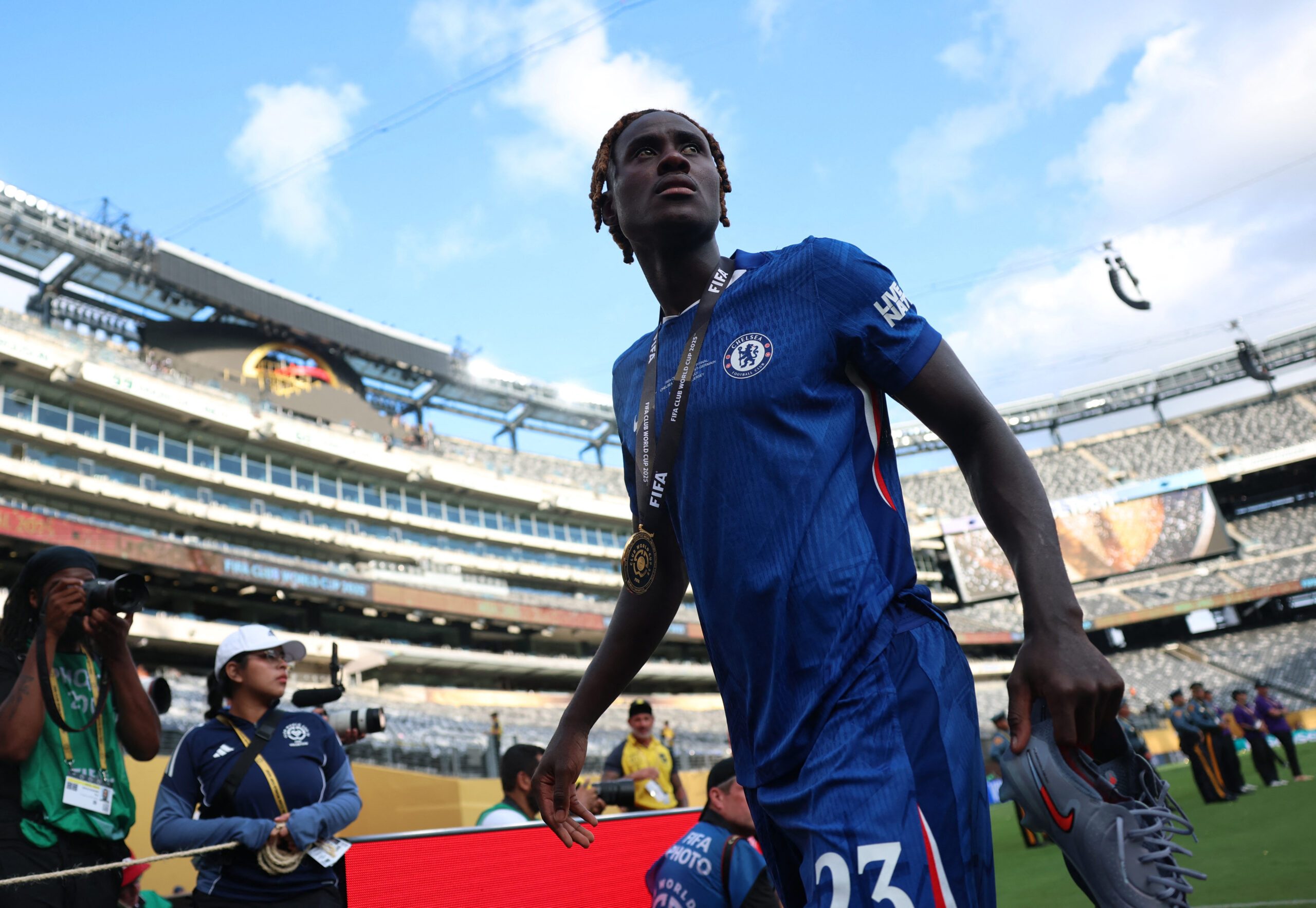 [Subscription Customers Only] Jul 13, 2025; East Rutherford, New Jersey, USA; Chelsea FC defender Trevoh Chalobah (23) celebrates with his medal after winning the final of the 2025 FIFA Club World Cup at MetLife Stadium. Mandatory Credit: Hannah Mckay-Reuters via Imagn Images
