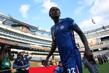 [Subscription Customers Only] Jul 13, 2025; East Rutherford, New Jersey, USA; Chelsea FC defender Trevoh Chalobah (23) celebrates with his medal after winning the final of the 2025 FIFA Club World Cup at MetLife Stadium. Mandatory Credit: Hannah Mckay-Reuters via Imagn Images