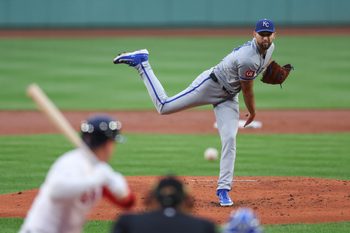 Aug 6, 2025; Boston, Massachusetts, USA; Kansas City Royals starting pitcher Michael Wacha (52) delivers a pitch during the first inning against the Boston Red Sox at Fenway Park. Mandatory Credit: Paul Rutherford-Imagn Images