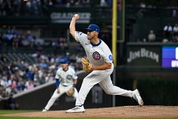 Aug 19, 2025; Chicago, Illinois, USA;  Chicago Cubs pitcher Jameson Taillon (50) delivers during the first inning against the Milwaukee Brewers at Wrigley Field. Mandatory Credit: Matt Marton-Imagn Images