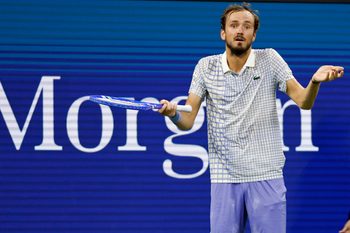 Aug 24, 2025; Flushing, NY, USA; Daniil Medvedev gestures after losing a point against Benjamin Bonzi (FRA)(R) on day one of the 2025 US Open at USTA Billie Jean King National Tennis Center. Mandatory Credit: Geoff Burke-Imagn Images