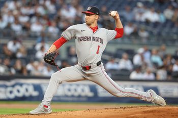 Aug 26, 2025; Bronx, New York, USA; Washington Nationals starting pitcher MacKenzie Gore (1) pitches in the first inning against the New York Yankees at Yankee Stadium. Mandatory Credit: Wendell Cruz-Imagn Images