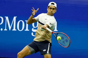 Aug 26, 2025; Flushing, NY, USA; Alejandro Tabilo (CHI) hits a forehand against Alexander Zverev (GER) (not pictured) on day three of the 2025 U.S. Open tennis tournament at the USTA Billie Jean King National Tennis Center at Billie Jean King National Tennis Center. Mandatory Credit: Amber Searls-Imagn Images