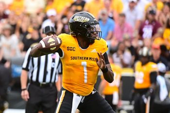 Southern Miss Golden Eagles quarterback Braylon Braxton (1) makes a pass against the Mississippi State Bulldogs during the first quarter at M.M. Roberts Stadium in Hattiesburg, Miss., on Aug. 30, 2025.