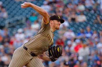 Aug 30, 2025; Minneapolis, Minnesota, USA; San Diego Padres starting pitcher Nick Pivetta (27) throws to the Minnesota Twins in the second inning at Target Field. Mandatory Credit: Bruce Kluckhohn-Imagn Images