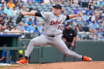 Aug 31, 2025; Kansas City, Missouri, USA; Detroit Tigers starting pitcher Tarik Skubal (29) delivers a pitch against the Kansas City Royals in the first inning at Kauffman Stadium. Mandatory Credit: Denny Medley-Imagn Images