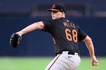 Sep 2, 2025; San Diego, California, USA; Baltimore Orioles Tyler Wells (68) delivers during the first inning against the San Diego Padres at Petco Park. Mandatory Credit: Denis Poroy-Imagn Images