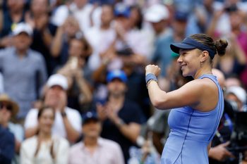 Sep 3, 2025; Flushing, NY, USA; Amanda Anisimova (USA) celebrates towards her player's box after her match against Iga Swiatek (POL) (not pictured) on day eleven of the 2025 US Open tennis championships at USTA Billie Jean King National Tennis Center. Mandatory Credit: Geoff Burke-Imagn Images