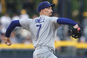 Sep 4, 2025; Pittsburgh, Pennsylvania, USA;  Los Angeles Dodgers starting pitcher Blake Snell (7) delivers a pitch against the Pittsburgh Pirates during the first inning at PNC Park. Mandatory Credit: Charles LeClaire-Imagn Images