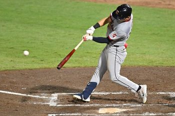Sep 5, 2025; St. Petersburg, Florida, USA; Cleveland Guardians left fielder Steven Kwan (38) hits a single in the sixth inning against the Tampa Bay Rays  at George M. Steinbrenner Field. Mandatory Credit: Jonathan Dyer-Imagn Images