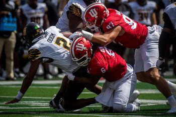 Indiana's Mikail Kamara (6) and Mario Landino (97) sack Kennesaw State's Amari Odom (2) during the Indiana versus Kennesaw State Big Ten football game at Memorial Stadium on Saturday, Sept. 6, 2025.
