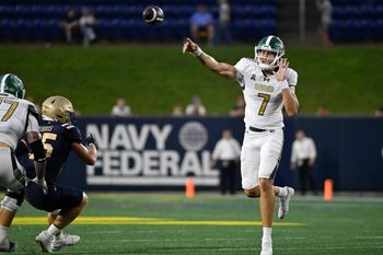 Sep 6, 2025; Annapolis, Maryland, USA; UAB Blazers quarterback Jalen Kitna (7) throws on the run  during the second quarter against the Navy Midshipmen at Navy-Marine Corps Memorial Stadium. Mandatory Credit: Tommy Gilligan-Imagn Images