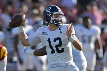 Sep 6, 2025; Los Angeles, California, USA;  Georgia Southern Eagles quarterback JC French IV (12) throws a pass during the first half against the USC Trojans at United Airlines Field at Los Angeles Memorial Coliseum. Mandatory Credit: Jayne Kamin-Oncea-Imagn Images