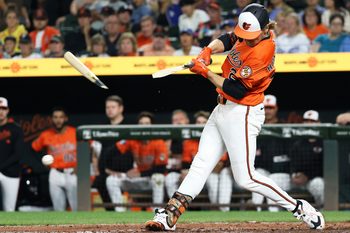 Sep 6, 2025; Baltimore, Maryland, USA; Baltimore Orioles shortstop Gunnar Henderson (2) breaks his bat during the seventh inning against the Los Angeles Dodgers at Oriole Park at Camden Yards. Mandatory Credit: Daniel Kucin Jr.-Imagn Images