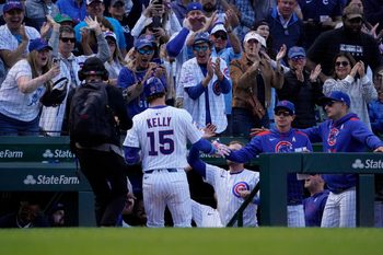 Sep 7, 2025; Chicago, Illinois, USA; Chicago Cubs catcher Carson Kelly (15) is greeted after hitting a home run against the Washington Nationals during the eighth inning at Wrigley Field. Mandatory Credit: David Banks-Imagn Images